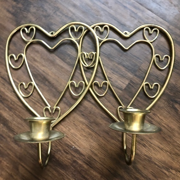Vintage / Antique Cottagecore Heart Shaped Brass Candle Holder Sconces Decor Set - Picture 8 of 11